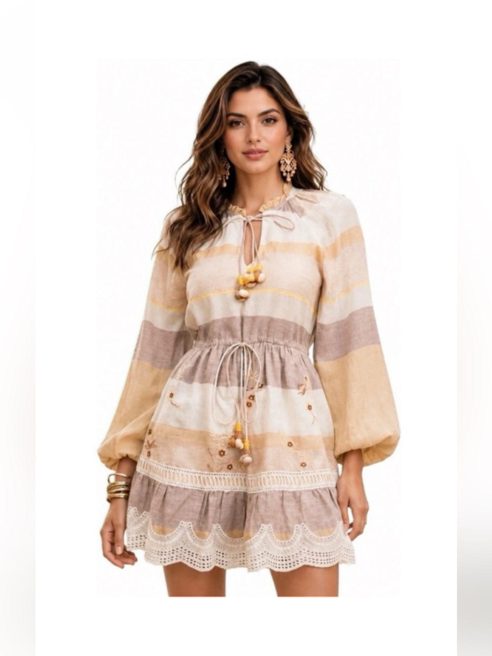 HEMANT & NANDITA MANA STRIPED EMBROIDERED MINI DRESS